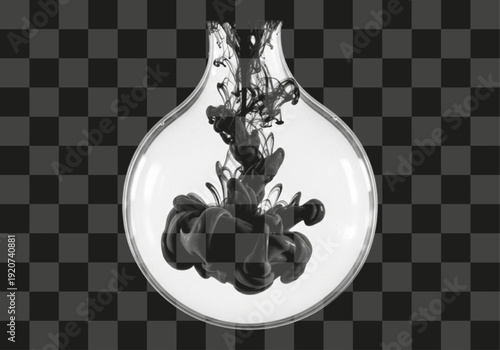 Dynamic black ink dispersion inside a clear glass flask creating artistic abstract patterns