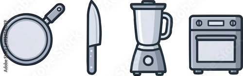 Kitchen Cookware and Appliances Icons Set Featuring Pan Knife Blender and Oven on Dark Background