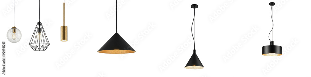 Fototapeta premium Modern Pendant Light Fixtures, Industrial Black and Gold Hanging Lamps, Decorative Ceiling Lighting for Kitchen and Living Room, Minimalist Interior Design, Metal Chandelier