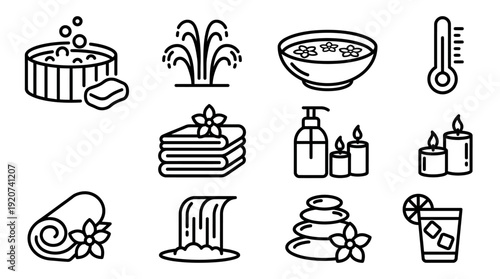 Vector laundry care icons collection including washing machine, detergent, ironing, clothesline, folded towels, garment care graphics, clothing maintenance design, household cleaning illustration set