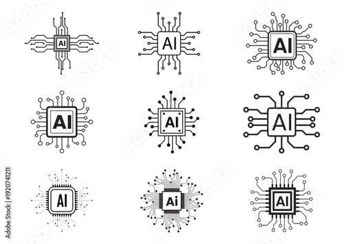 Set of 9 outline icons related to AI Processor and Microchip. Linear icon collection. Editable stroke. Vector illustration.