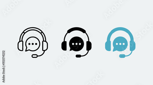 Vector headset icons collection with microphone and speech bubble, customer support graphics, call center design, online help desk illustration, communication service branding emblem set