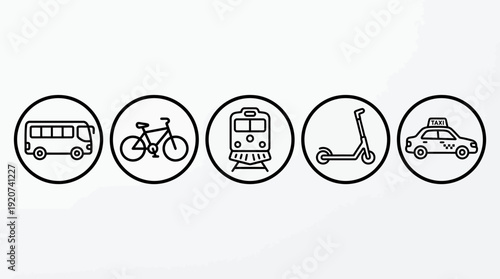 Vector transportation icons collection including bus, bicycle, train, electric scooter, taxi, urban mobility graphics, city travel design, modern commuting illustration, public transport emblem set