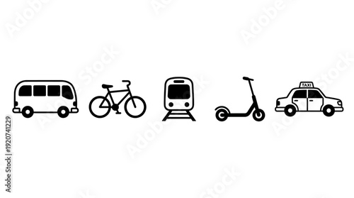 Vector transportation icons collection including bus, bicycle, train, electric scooter, taxi, urban mobility graphics, city travel design, modern commuting illustration, public transport emblem set