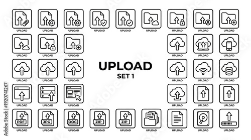 Vector upload icons collection including cloud, folder, screen, arrow, progress bar, checkmark, people, digital transfer graphics, data sharing design, internet storage illustration set