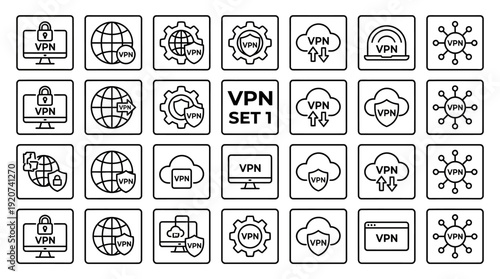 Vector VPN icons collection including secure connection, encryption, firewall, server, mobile device, authentication, cybersecurity graphics, privacy protection design, internet security illustration 