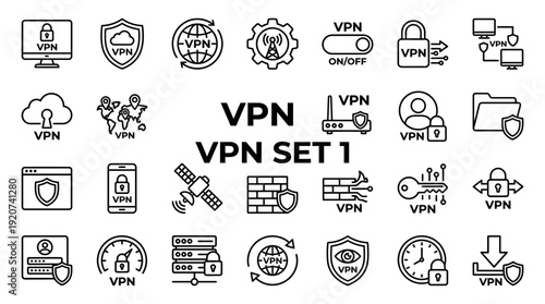 Vector VPN icons collection including secure connection, encryption, firewall, server, mobile device, authentication, cybersecurity graphics, privacy protection design, internet security illustration 