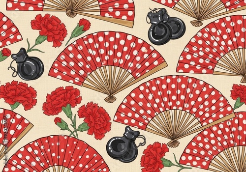 Red fans with white polka dots, castanets, and red carnations pattern. Spanish culture and flamenco dance concept. Fiesta inspiration.