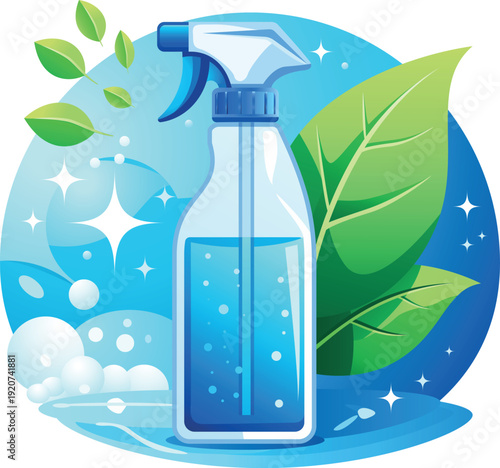 Ökologisches Logo für Reinigungsservice mit Sprühflasche, grünen Blättern und Seifenblasen – Vektor Illustration