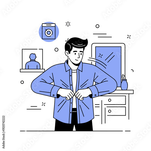Young caucasian male buttoning shirt in laundry room with washing machine
