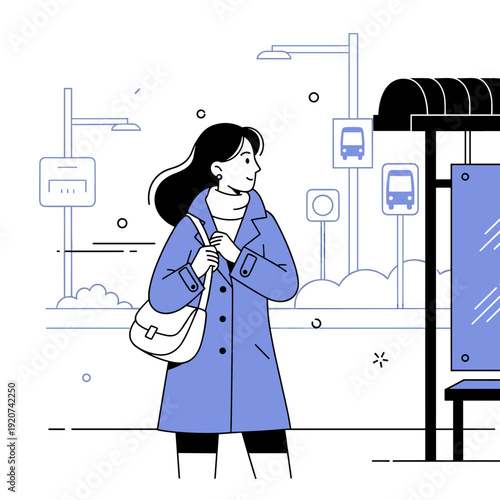 Asian female waiting at bus stop in urban setting, wearing blue coat