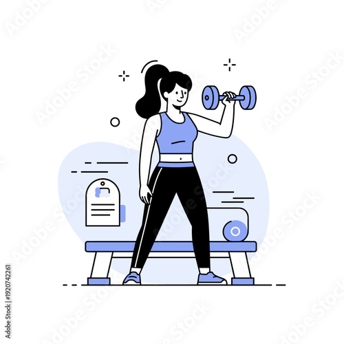 Young caucasian female exercising with dumbbell on bench in fitness outfit