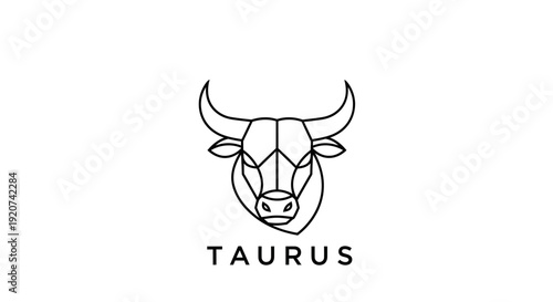 Geometric Line Art Icon of the Taurus Zodiac Sign, Featuring a Bull Head and the "TAURUS" Text, on an Isolated White Background.