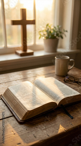 Wallpaper Mural Open Bible with wooden cross in warm morning light Torontodigital.ca