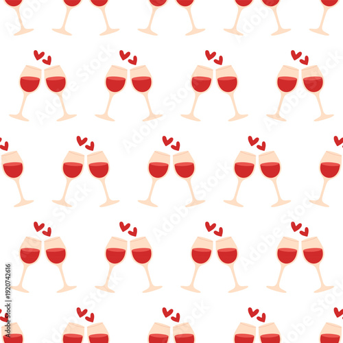 Seamless pattern with clinking wine glasses and hearts on white background. Romantic festive design for celebration, valentine, wedding, anniversary, wrapping and textile. Flat vector. Hand drawn.