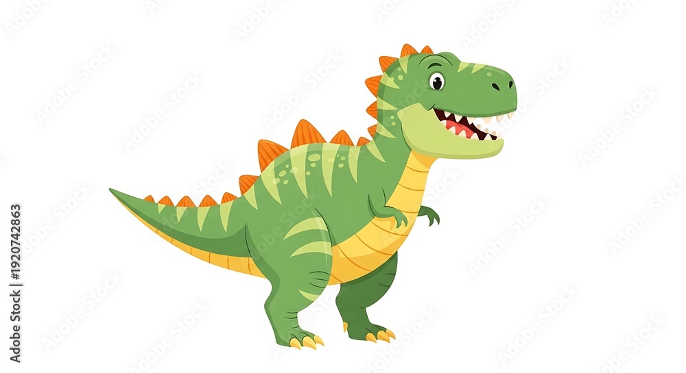 Obraz premium Cartoon illustration of a friendly green Tyrannosaurus Rex with orange spines, white bg