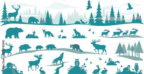 Illustrations of various forest animals and trees in a natural setting with hills and mountains