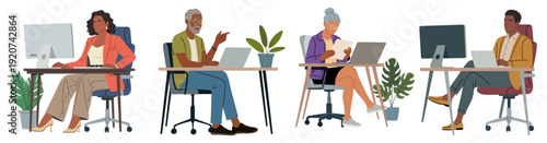 Set of diverse people working on laptops at modern desks in a clean office setting, representing teamwork, productivity, and contemporary work culture. Flat vector illustration isolated