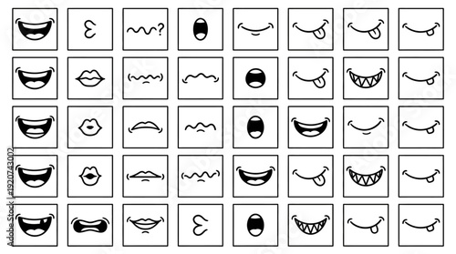 "Mouth expressions vector illustration set with lips, teeth, tongue, and emotional designs, character art concept for animation, storytelling, and creative visual communication"