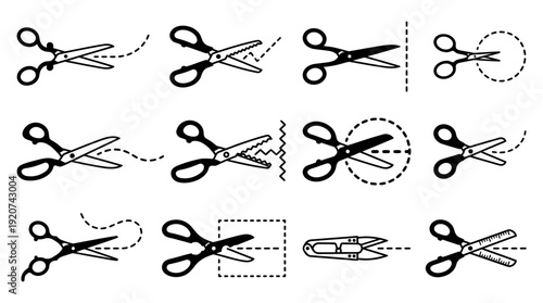 "Scissor icons vector illustration set with cutting paths in curved, straight, zigzag, circular, and rectangular styles, perfect for coupons, craft templates, and digital editing"