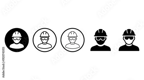 "Safety gear icons vector illustration set with hard hats, goggles, protective equipment, industrial worker silhouettes, workplace safety design concept for construction and chemical environments"