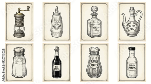 "Vintage condiment containers vector illustration set with pepper grinder, mustard, vinegar, olive oil, soy sauce, salt shaker, salad dressing bottles on white background"