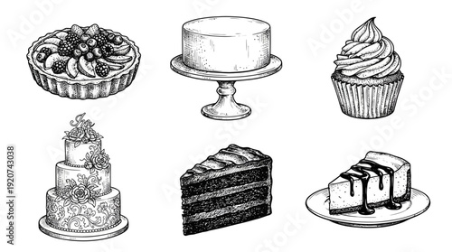 "Dessert vector illustration set with fruit tart, cupcake, wedding cake, chocolate slice, cheesecake, and round cake designs, culinary artwork concept for food lovers"