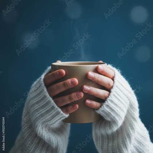 Close-up of hands wrapped around a warm ceramic mug in a 