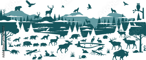 Winter forest scene with various animals and snow covered trees in teal silhouette style