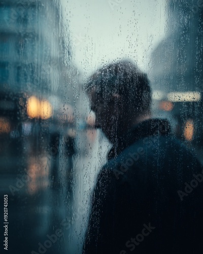 A person's silhouette looking out of a rain-streaked window at a grey city street.
