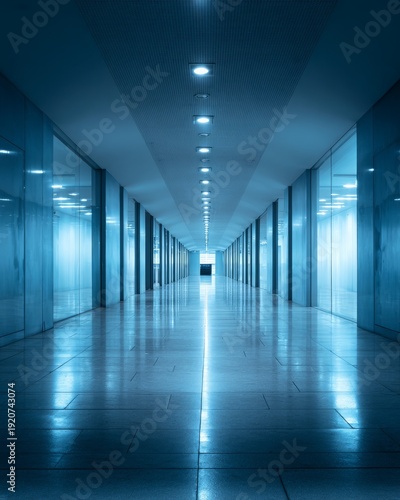 A long, empty modern office corridor with cool blue lighting.