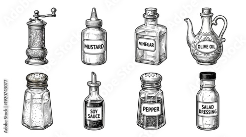 "Vintage condiment containers vector illustration set with pepper grinder, mustard, vinegar, olive oil, soy sauce, salt shaker, salad dressing bottles on white background"