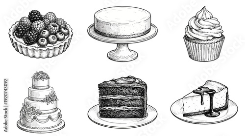 "Dessert vector illustration set with fruit tart, cupcake, wedding cake, chocolate slice, cheesecake, and round cake designs, culinary artwork concept for food lovers"