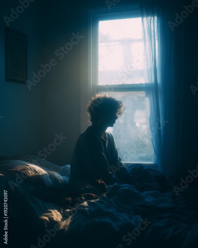 A person sitting on the edge of the bed in a dimly lit room, looking exhausted. 