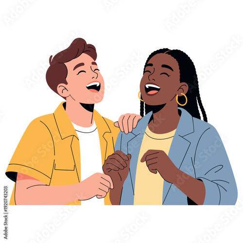 Young caucasian male and african female friends laughing together in casual clothing
