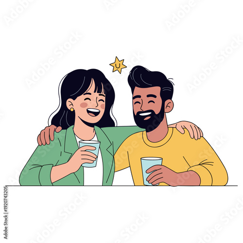 Young adult friends laughing and enjoying drinks together