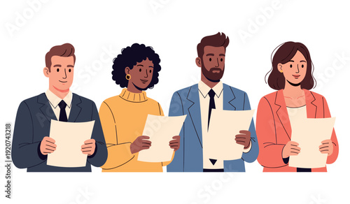 Diverse group of adults holding papers in business attire