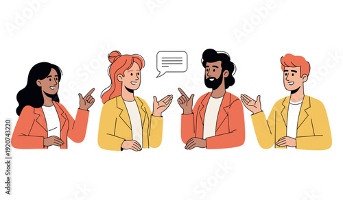 Diverse group of young adults engaging in conversation with speech bubble