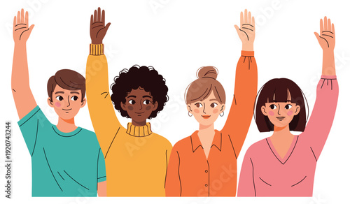 Diverse group of young adults raising hands in unity