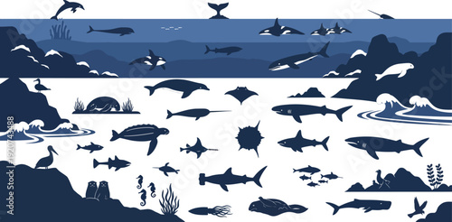Variety of ocean fish and sea creatures in different environments illustration