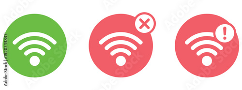 WiFi connection icon in red circle, vector illustration representing wireless network status, internet problem, and signal warning, suitable for apps