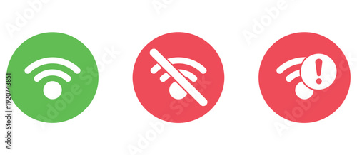 WiFi connection icon in red circle, vector illustration representing wireless network status, internet problem, and signal warning, suitable for apps, digital interfaces, and connectivity alert 