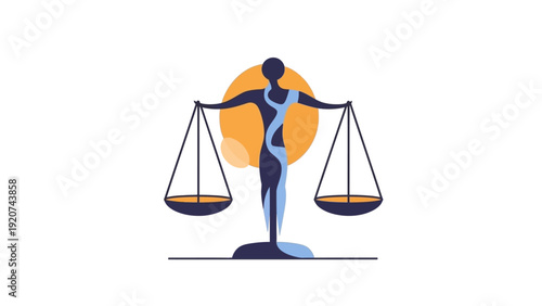 Stylized Lady Justice figure holding scales representing legal balance and fairness.