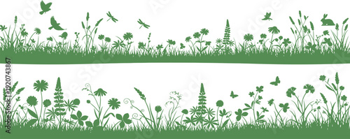 Green grass and wildflowers on white background in two horizontal strips illustration