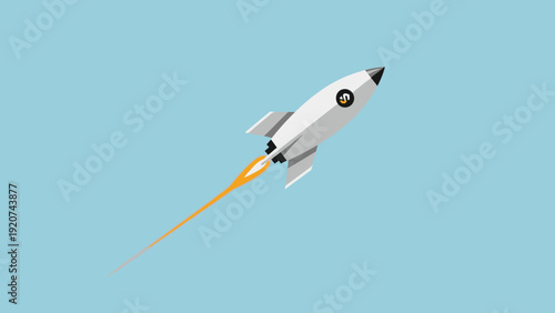 Rocket launching into blue sky with orange flame.