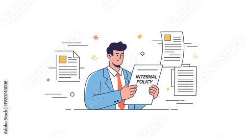 Young caucasian male reviewing internal policy documents in office setting