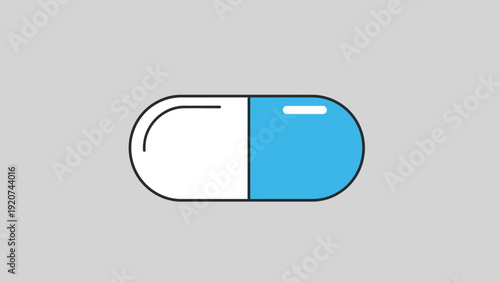 Stylized medicine capsule with blue and white halves on grey background