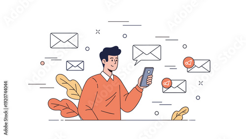 Young caucasian male checking emails on smartphone amid envelope icons