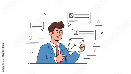 Young hispanic male professional engaged in digital communication with email and message icons