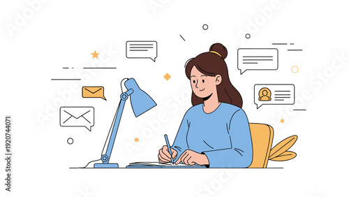 Young caucasian female working at desk with lamp and notebooks, engaged in writing and communication